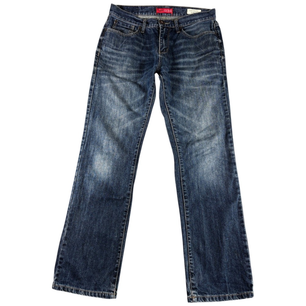 Guess Jeans Mens 32 Blue Grunge Slim Straight Washed Worn Durable Del Mar Fit